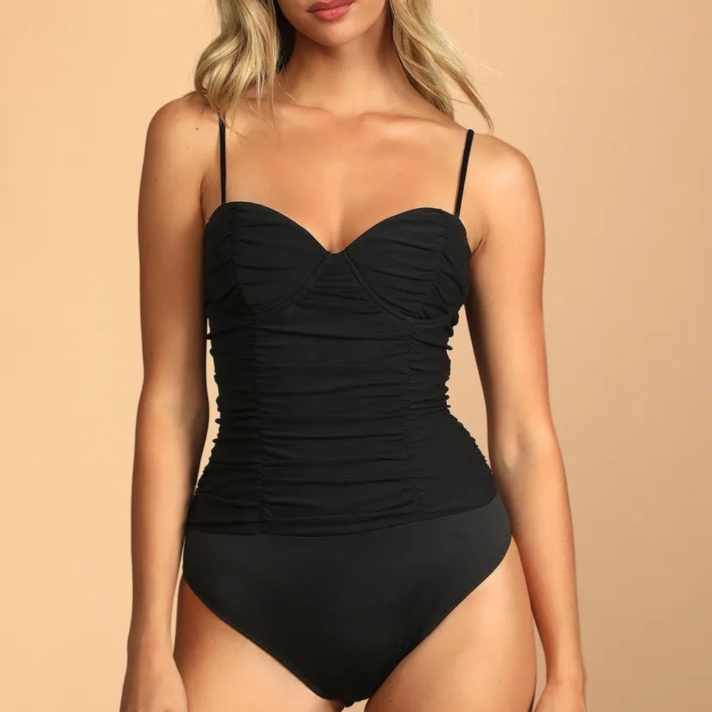 Lulu’s Caught My Attention Black Ruched Bustier Bodysuit